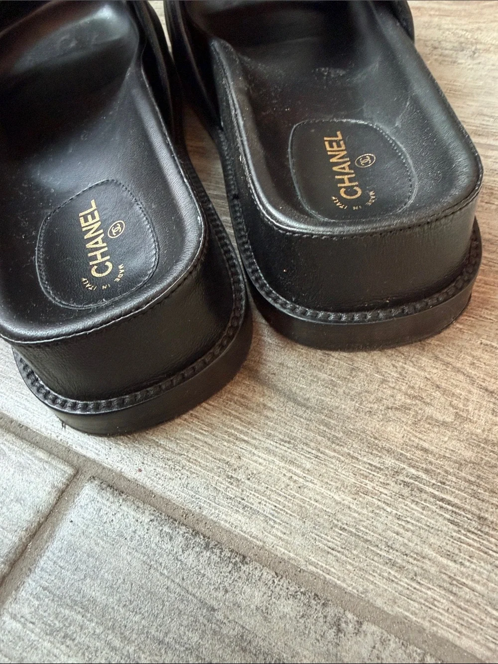 CHANEL Black Leather Slide Sandals with Multicolor Logo Letters
